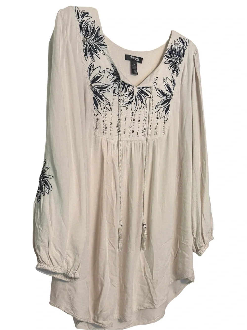 Style & Co Stone Beige & Navy Embroidered Beaded Boho Blouse 2X